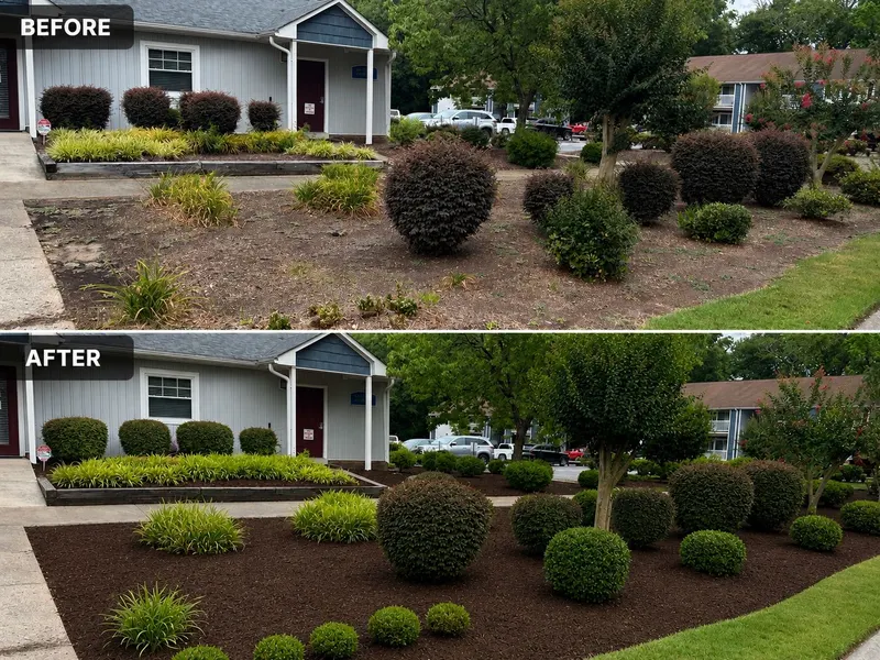 Before and after: tired front beds replanted with new shrubs, grasses and fresh mulch